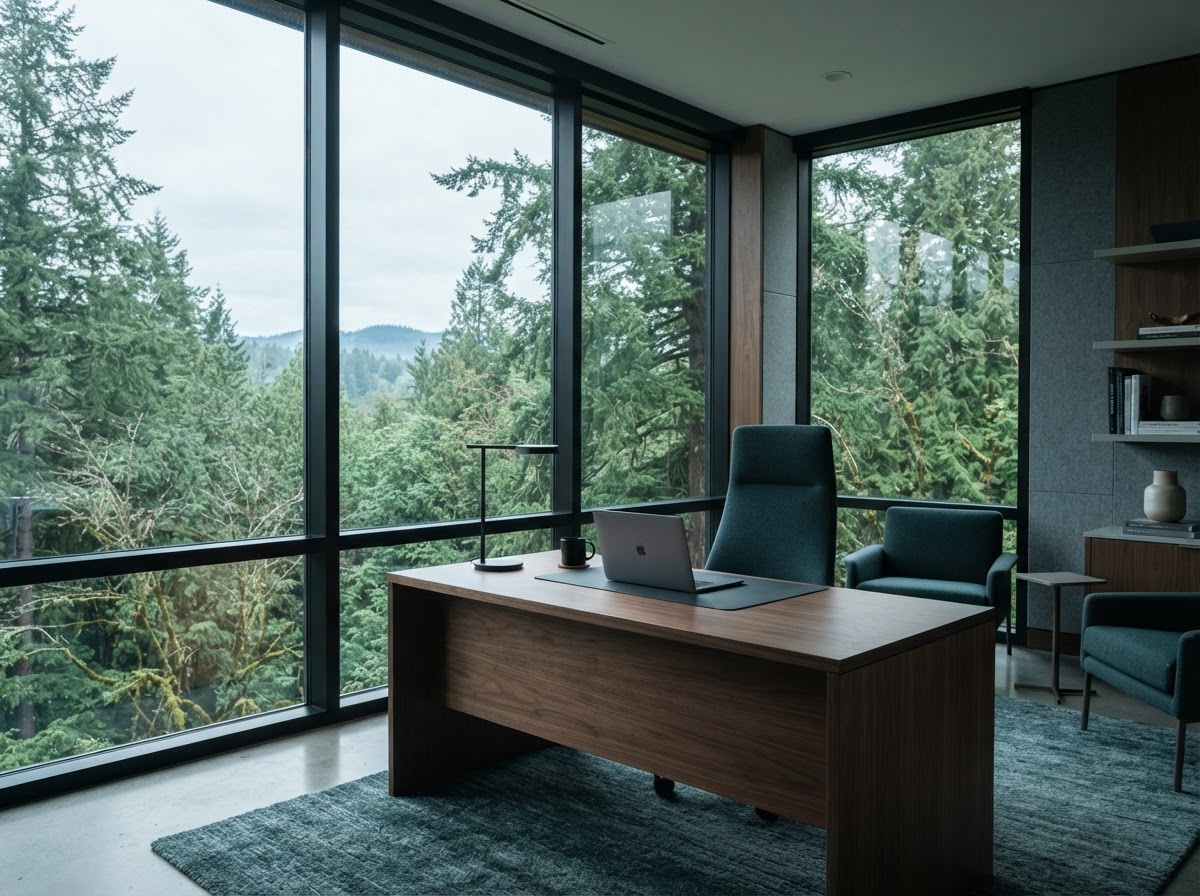 Modern office workspace with large windows overlooking evergreen forest